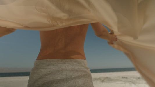 Close-up of a person’s back at the beach, holding a sheer fabric above their shoulders with the ocean and blue sky in the background.