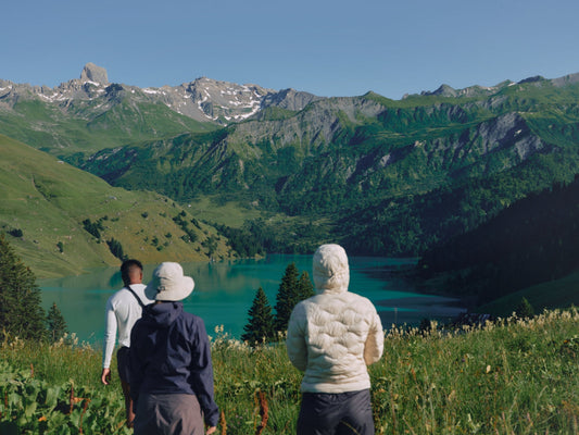 Two people standing on a green hillside looking out over a turquoise alpine lake surrounded by mountains.